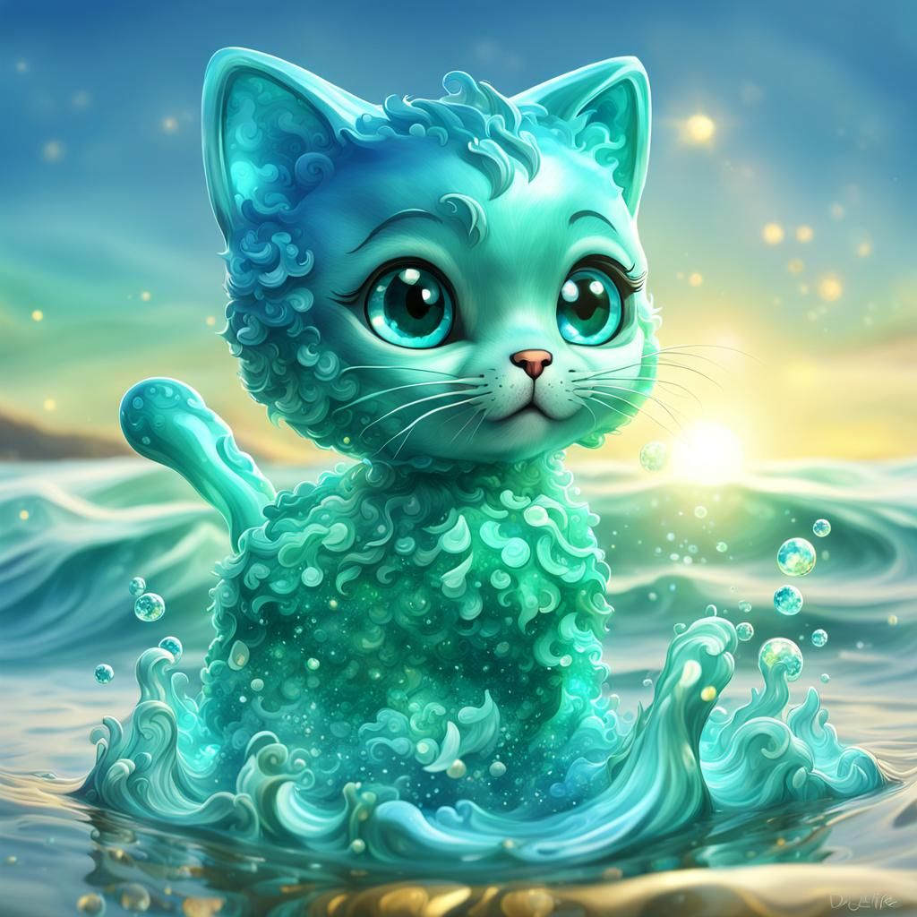 Crystallized Water Kitten Amidst Blue-Green Waves