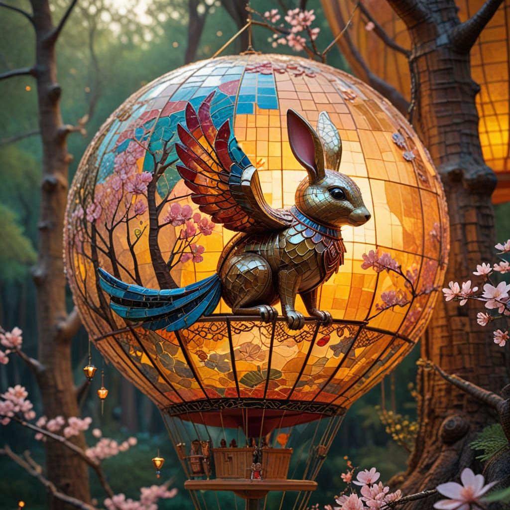 Woodland Creature's Hot Air Balloon Flight: Mixed Media Art