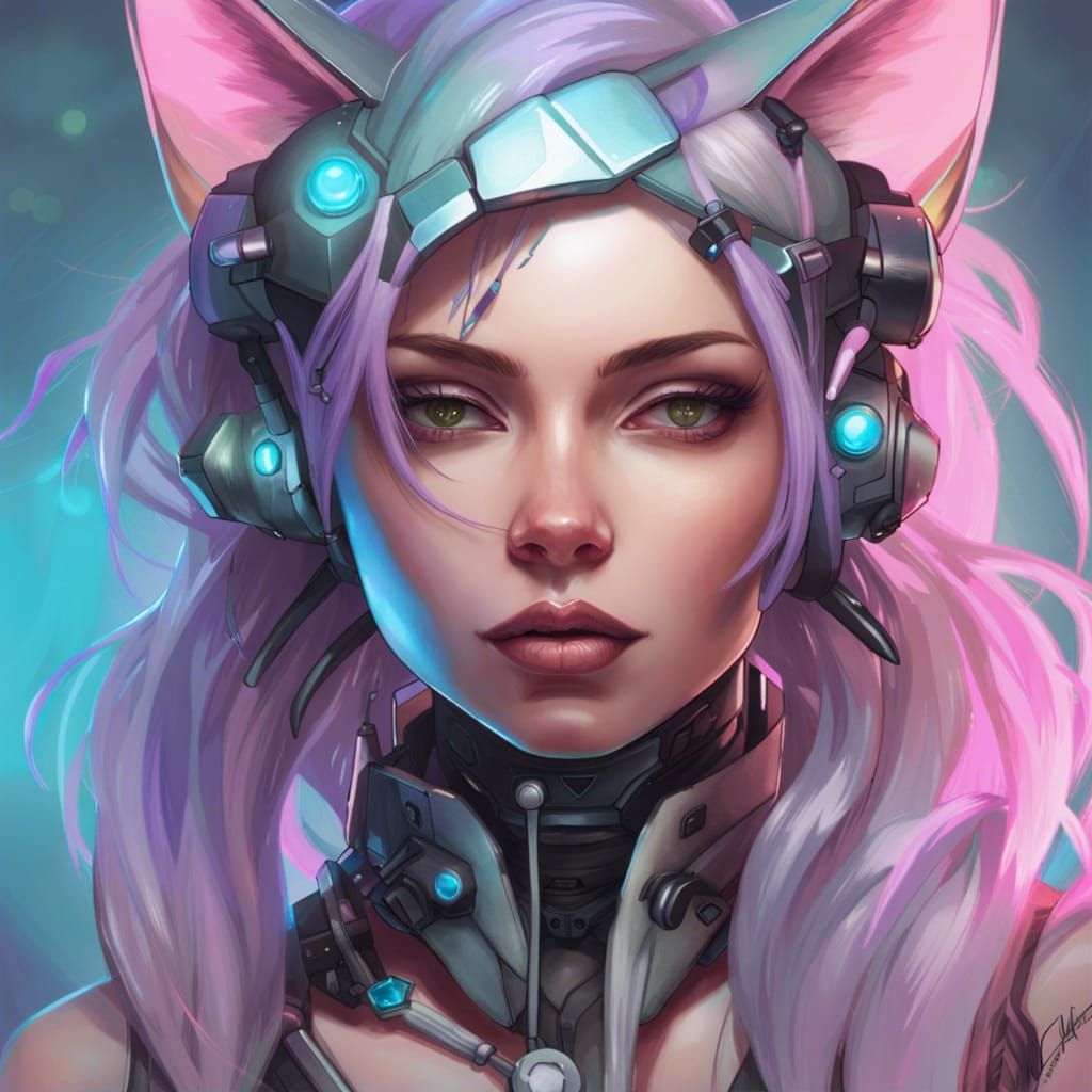 Pastel Cybergoth Catgirl Portrait with Cybernetic Enhancemen...