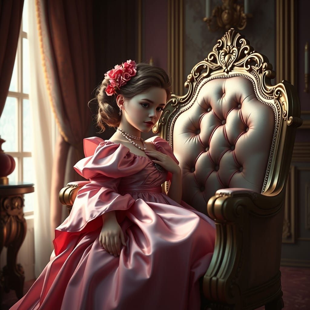 Charming Young Girl in Elegant Rose Satin Gown, Adorned with...