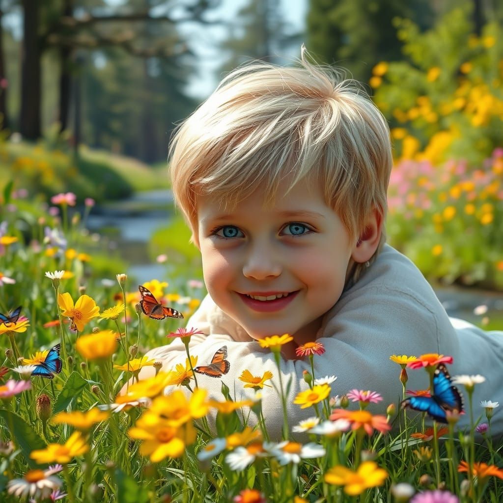 Serene Boy Amidst Vibrant Butterflies in a Lush Meadow
