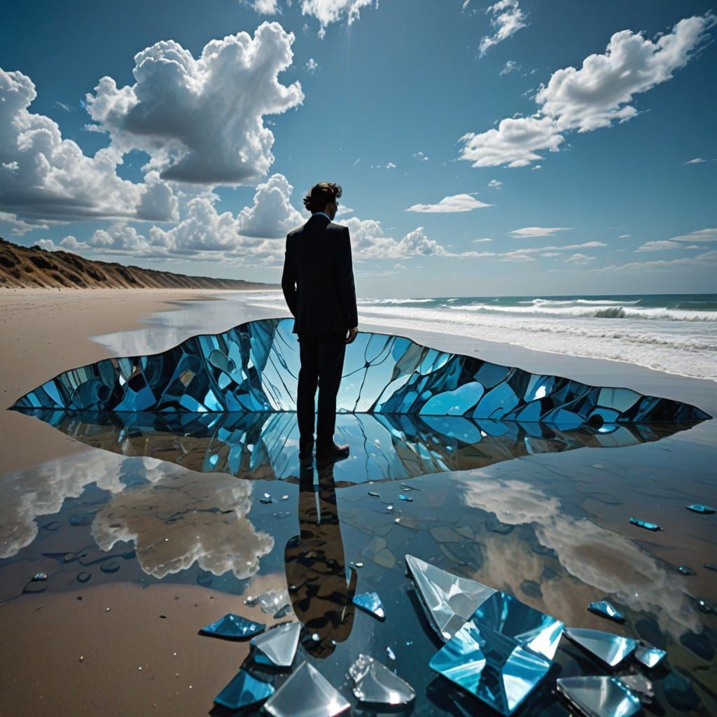 Surreal Beach Scene with Liquid Mercury Sea