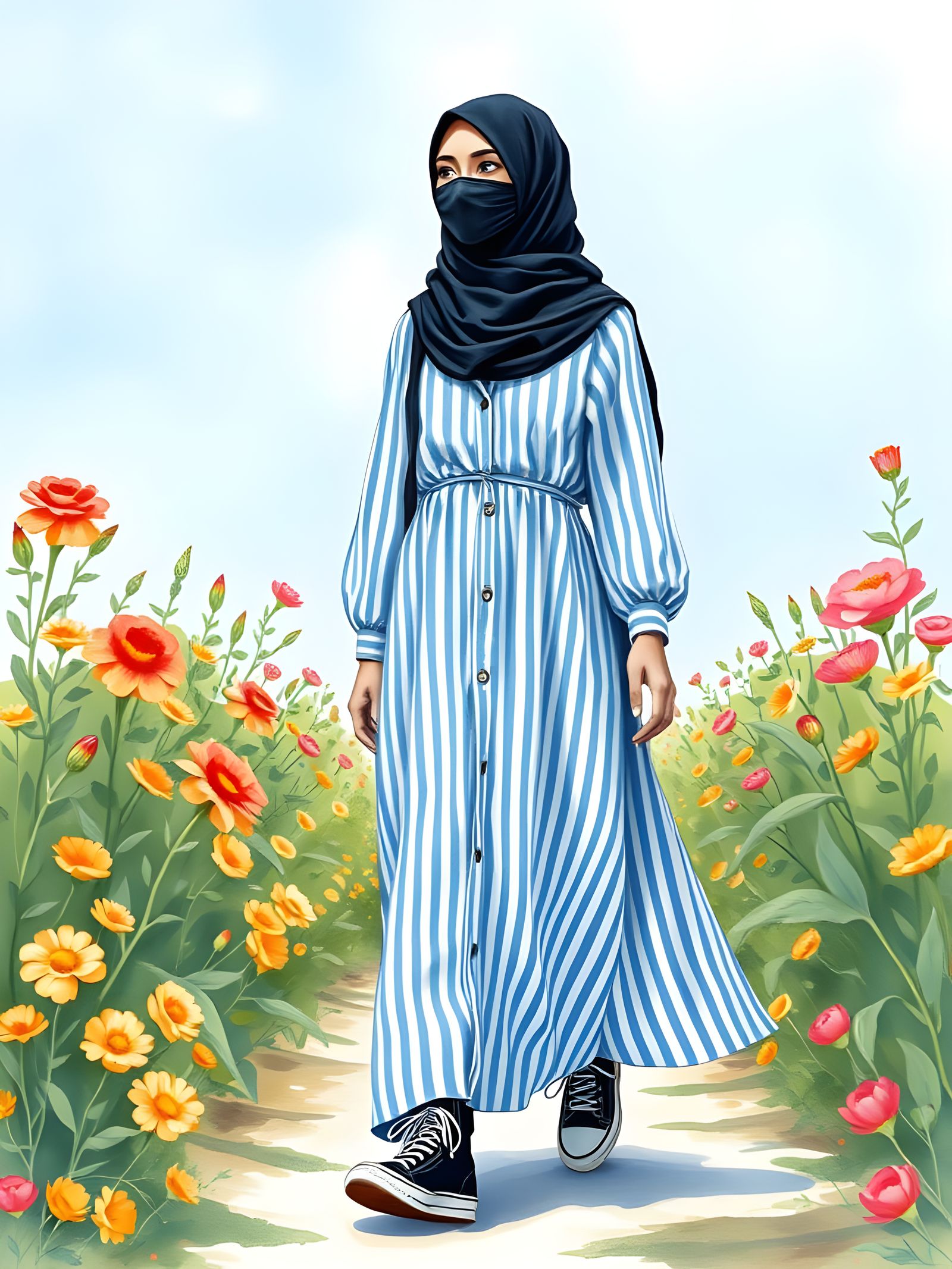 Hijabi Woman in Flower Garden: Minimalist Watercolor