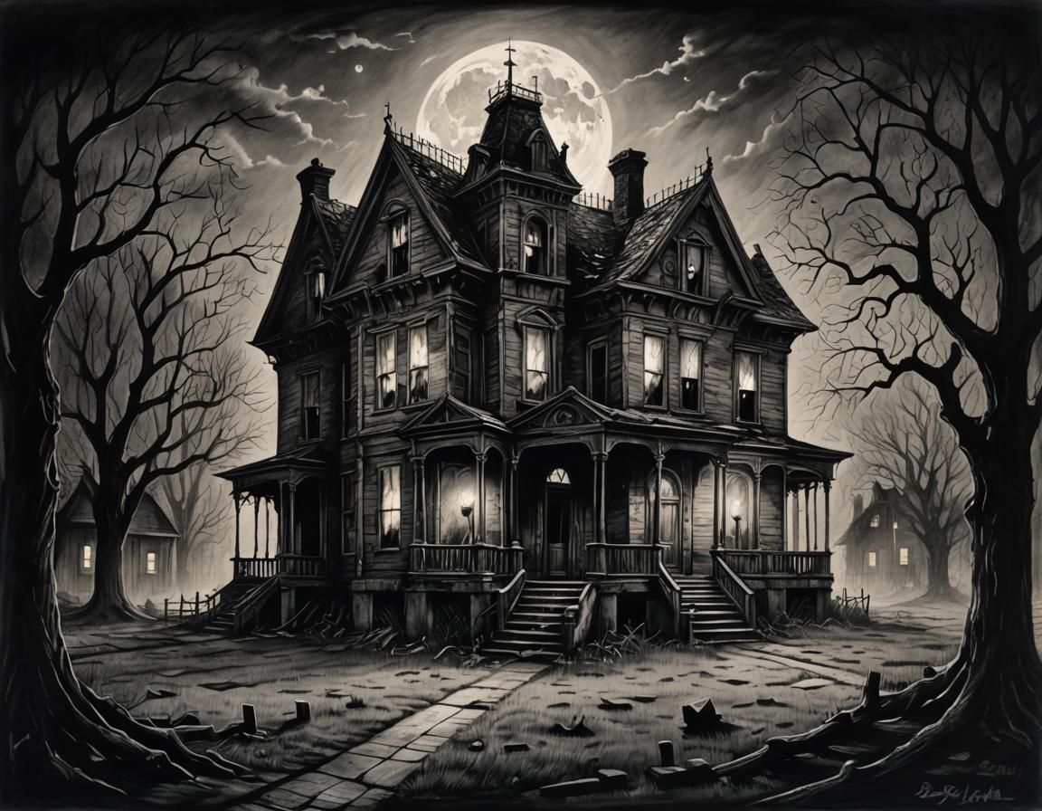 Eerie Haunted House Charcoal Drawing at Night