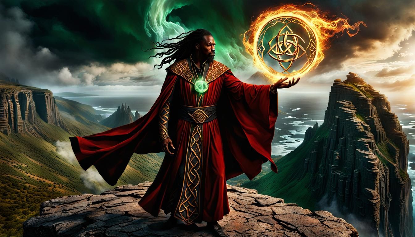 African-American Wizard Casting Fire Spell, Fantasy Art