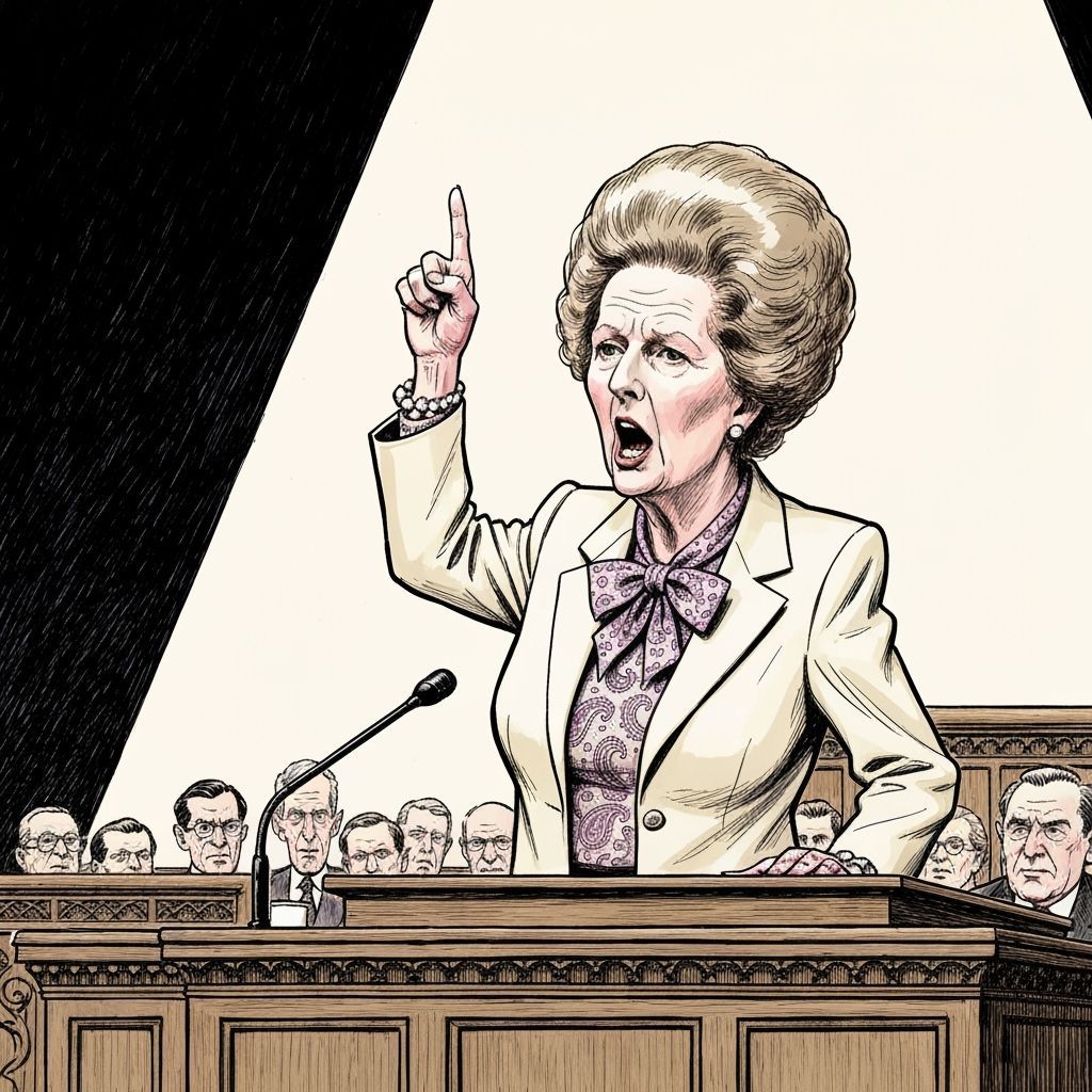 Margaret Thatcher Caricature at Parliamentary Podium
