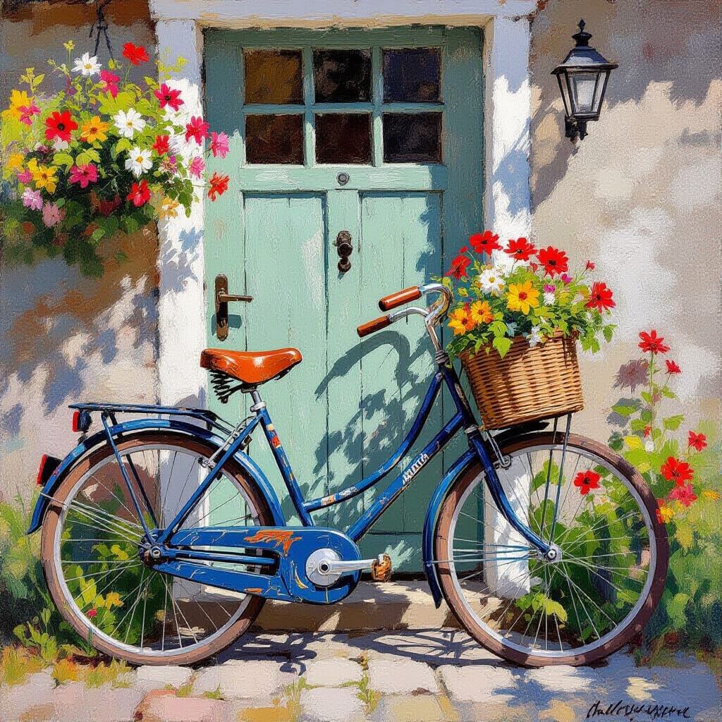 Vintage Bicycle with Flowers in Impressionist Style