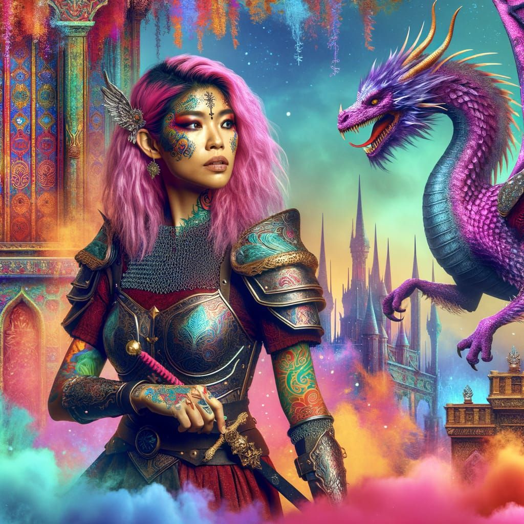 Pink Haired Warrior With Purple Dragon in Gothic Fantasy
