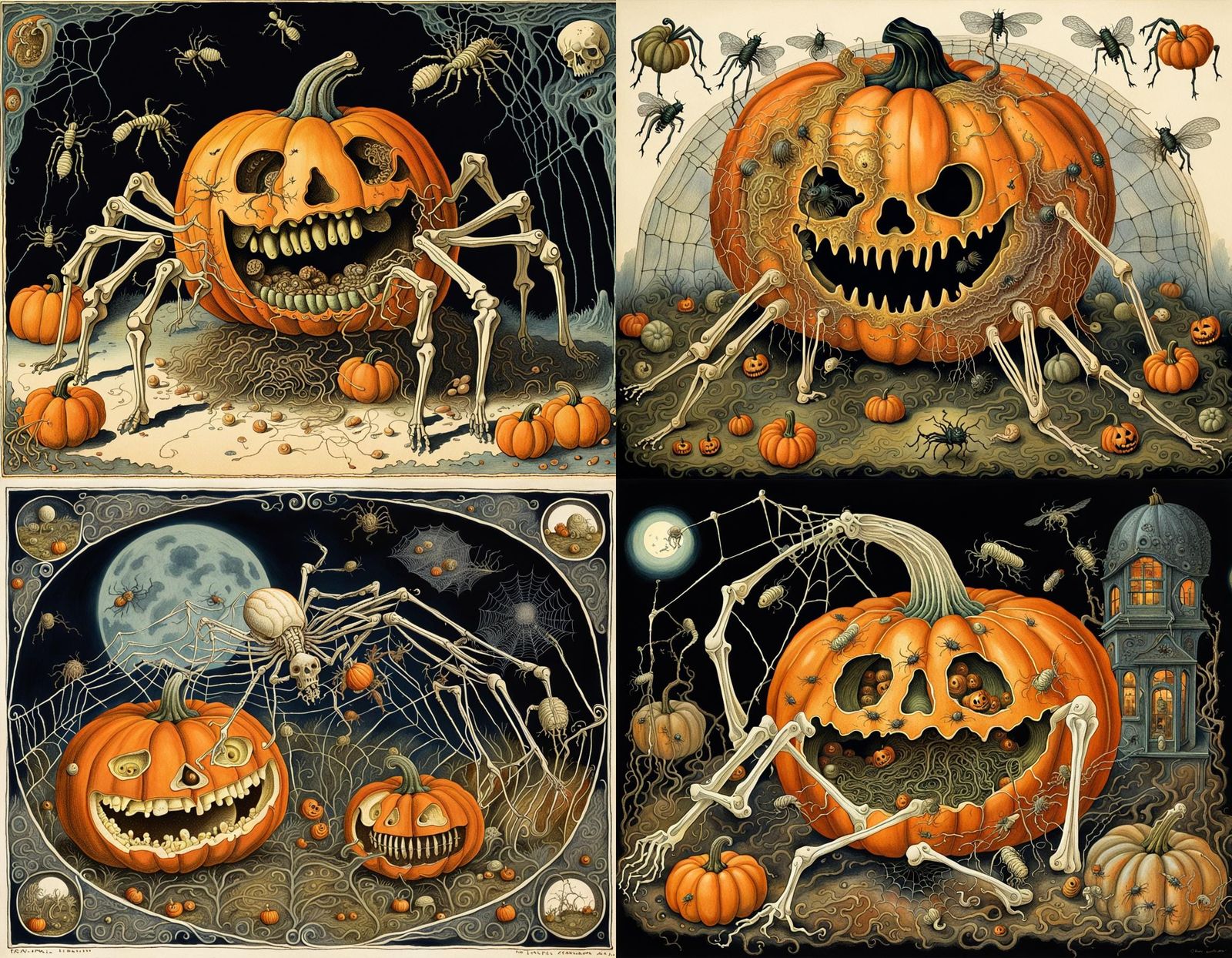 Surreal Halloween Pumpkin Scene in Classic Illustration Styl...