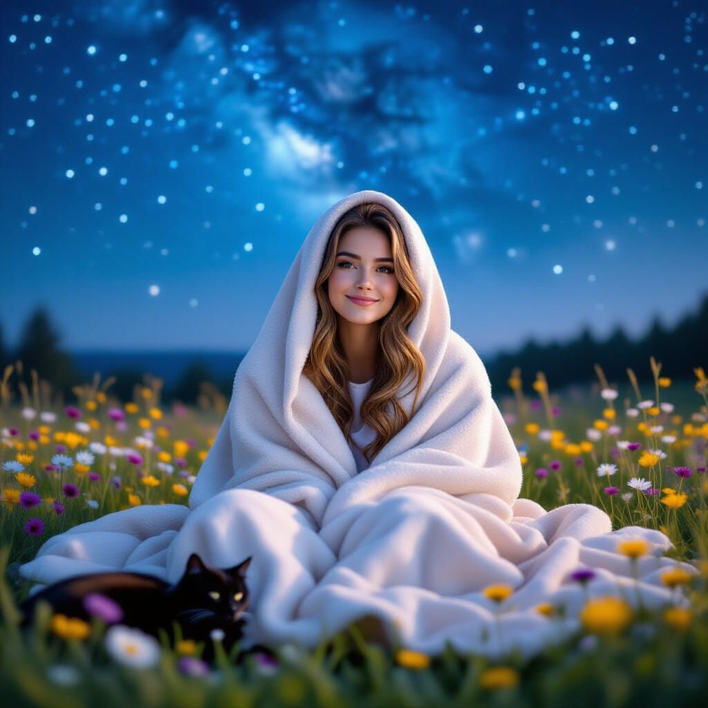 Serene Lady on Flower Meadow Under Starry Night Sky