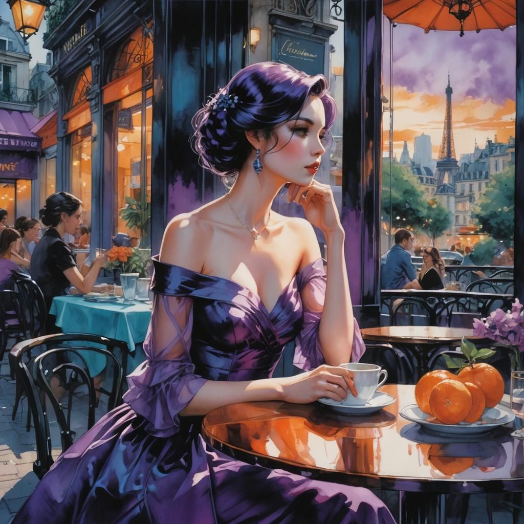 Woman at Café in Alcohol Ink Comic Illustration