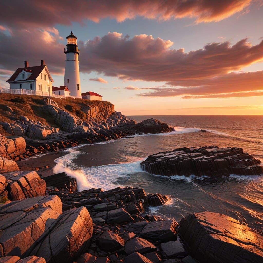 Cape Elizabeth Lighthouse Sunset: Hyperrealistic Landscape