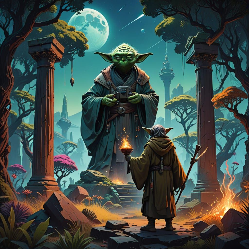 Yoda Savoring Moonlit Souvlaki in Ancient Athenian Agora