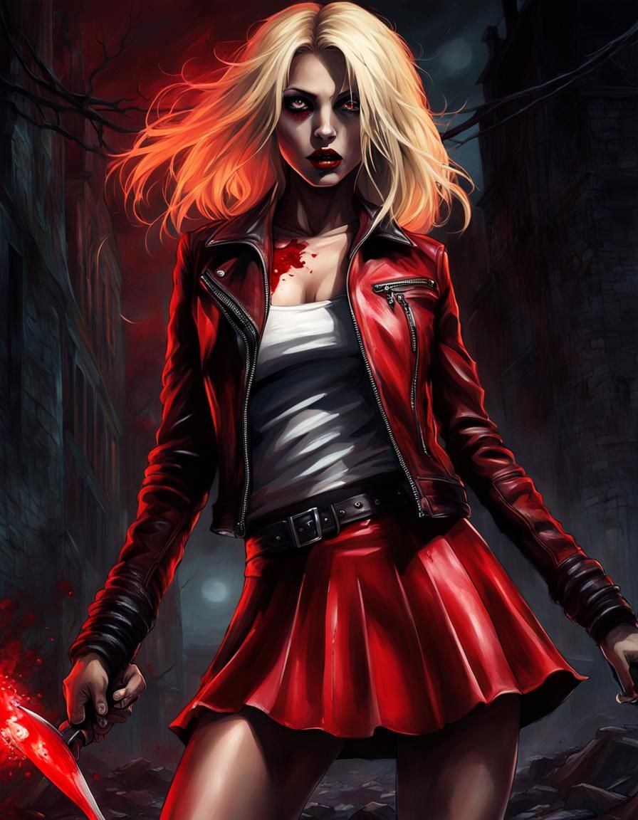 Describe a sensual zombie with a short skirt and a red leather jacket. She's dead, with blonde hair matted with blood, y...