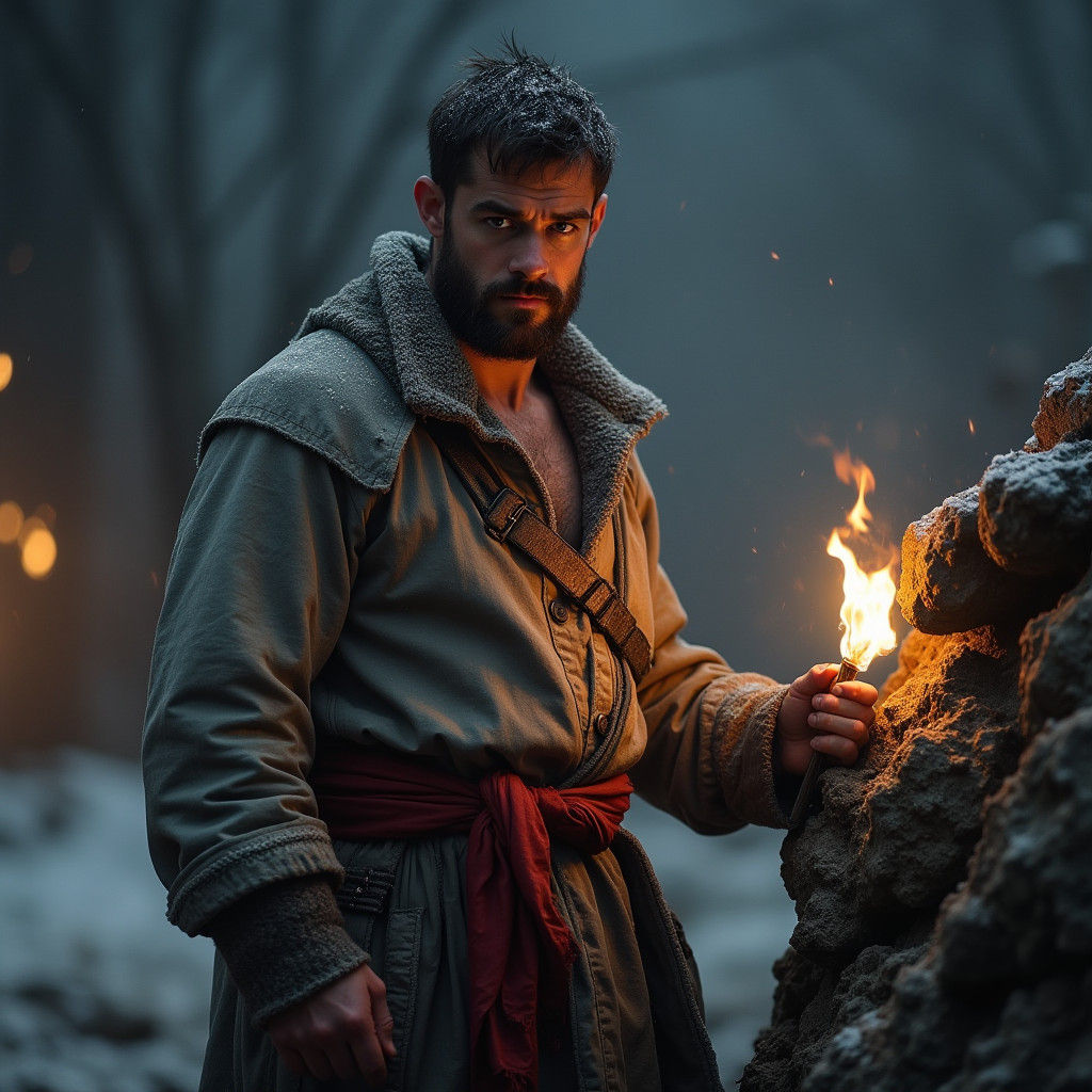 Confident Peasant in Frosty Night