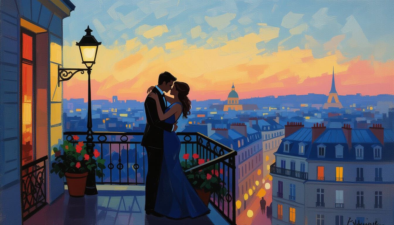 Lovers Embrace on Parisian Balcony at Twilight, Impressionis...