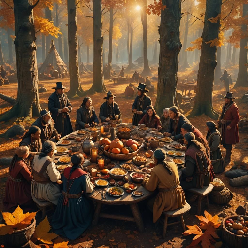 Pilgrims and Native Americans at Thanksgiving Feast