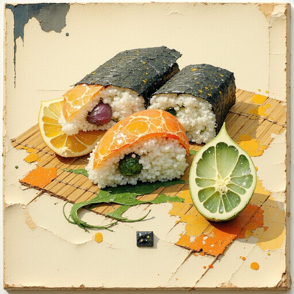 Delicate Musubi with Sumi-e Ink and Vibrant Colors