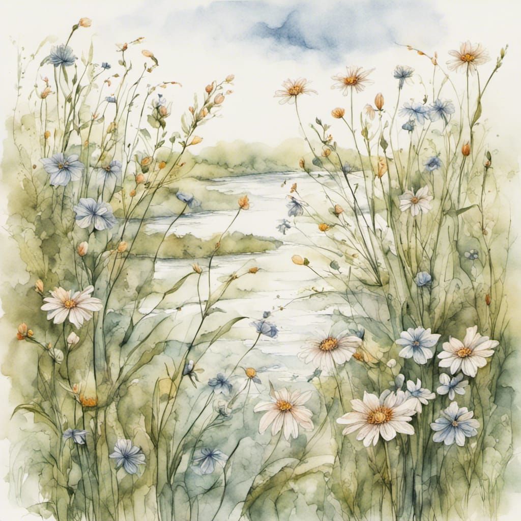 Dreamy Summer Flowers by River, Watercolor and Ink