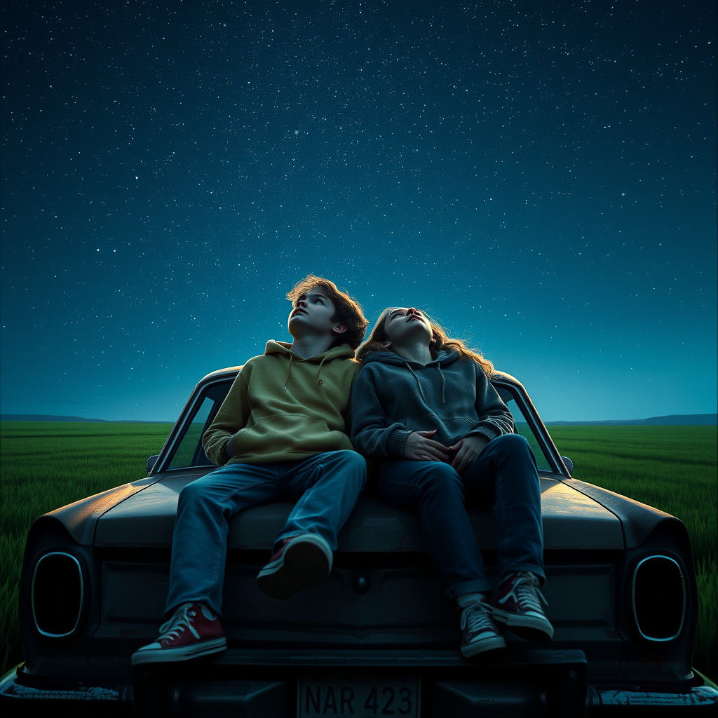 Teenagers Stargazing in Lush Field Under Night Sky