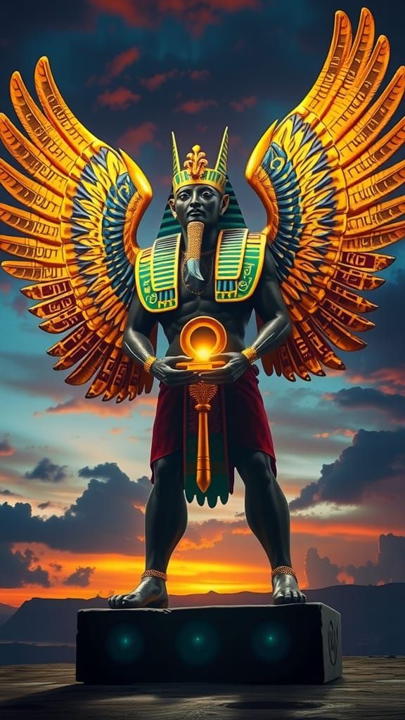 Egyptian God Horus Radiates Divine Light Against Golden Twil...