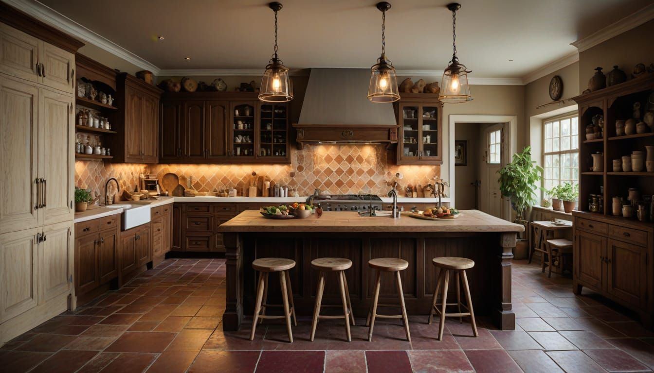 Warm Shabby Chic Country Kitchen with Dark Burgundy Wood