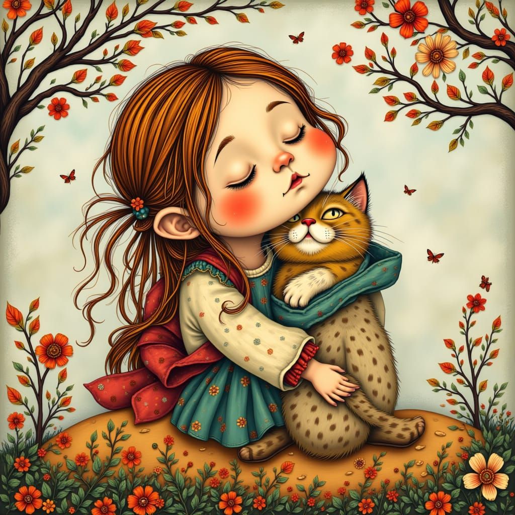 Folksy Lady with Cat Under Flowering Branches