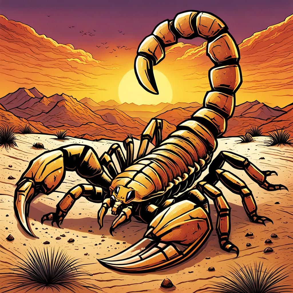 Giant Scorpion in Desert, Dynamic Comic Book Art