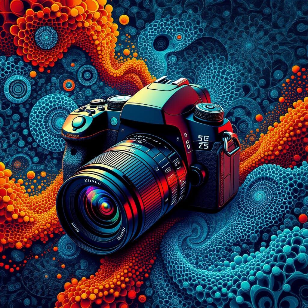 Futuristic Camera Equipment Amidst Abstract Fractals