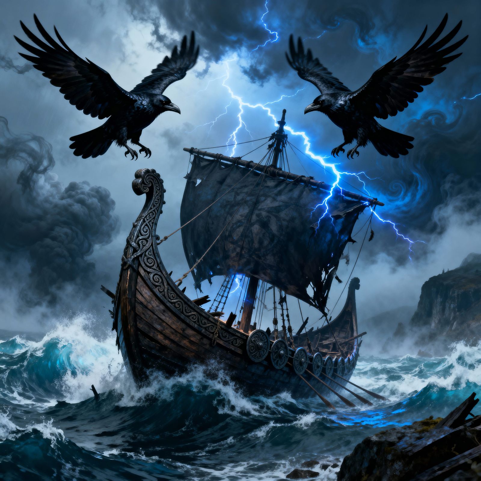 Ravens Above Viking Longship in Epic Storm