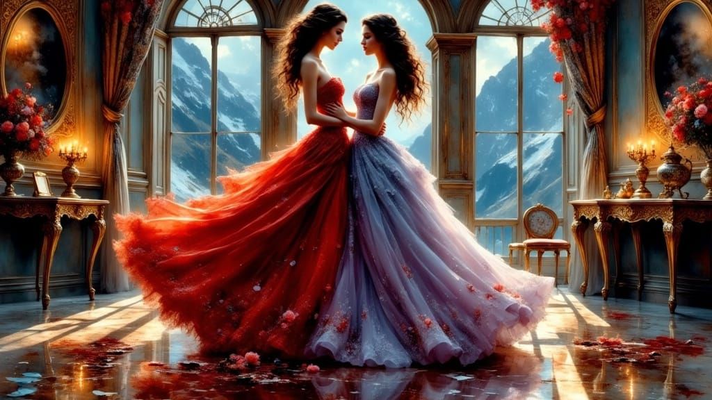 Midnight Ballerinas Amidst Shattered Glass and Snowy Alps