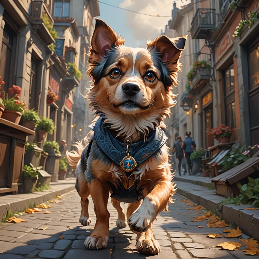 Dog Running Portrait in Hyperdetailed Digital Art Style