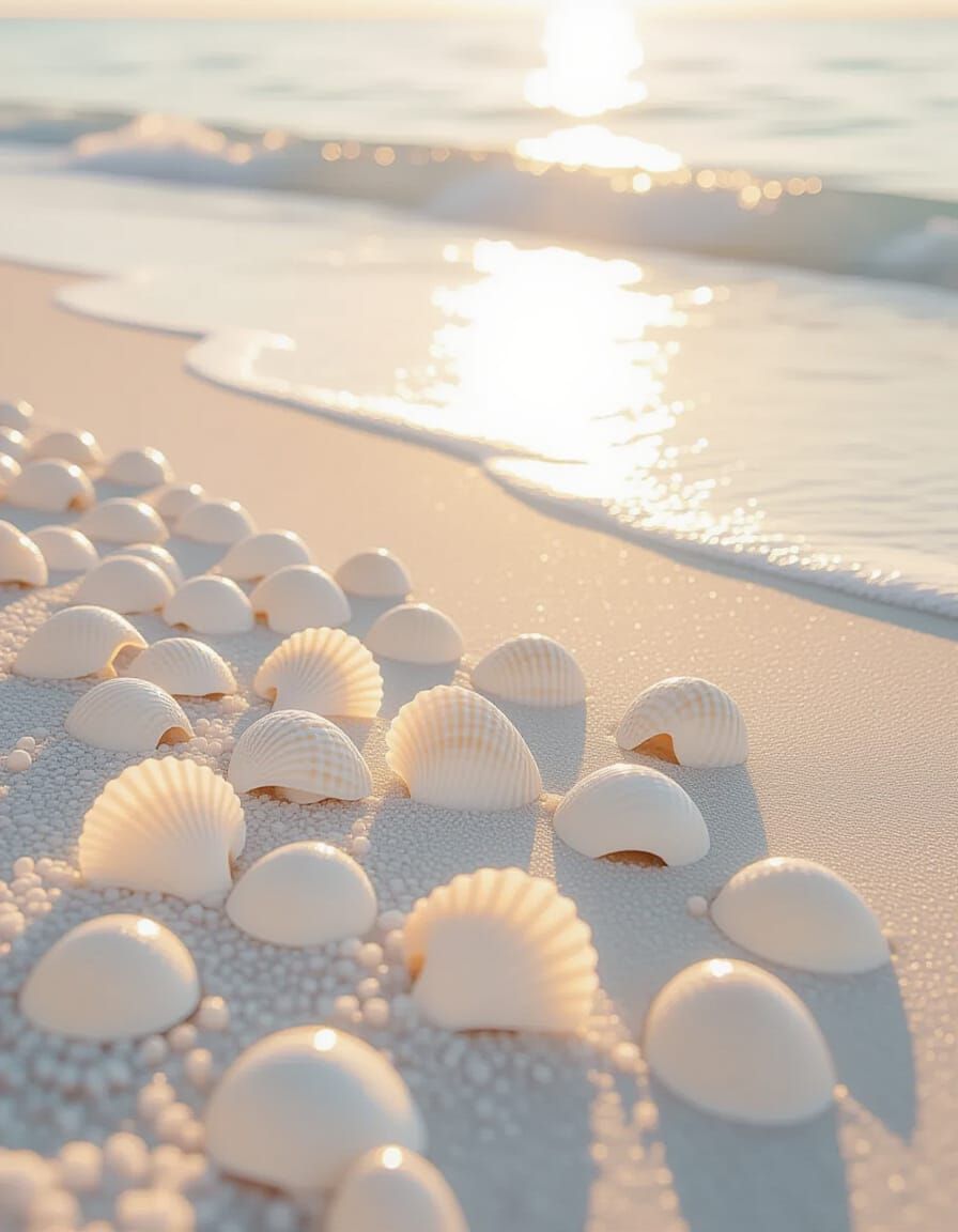 White Seashells on Milky Shore in Impressionist Style