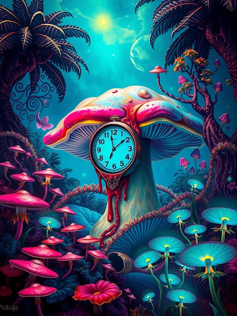 Melting Clock on Iridescent Mushroom in Alien Jungle