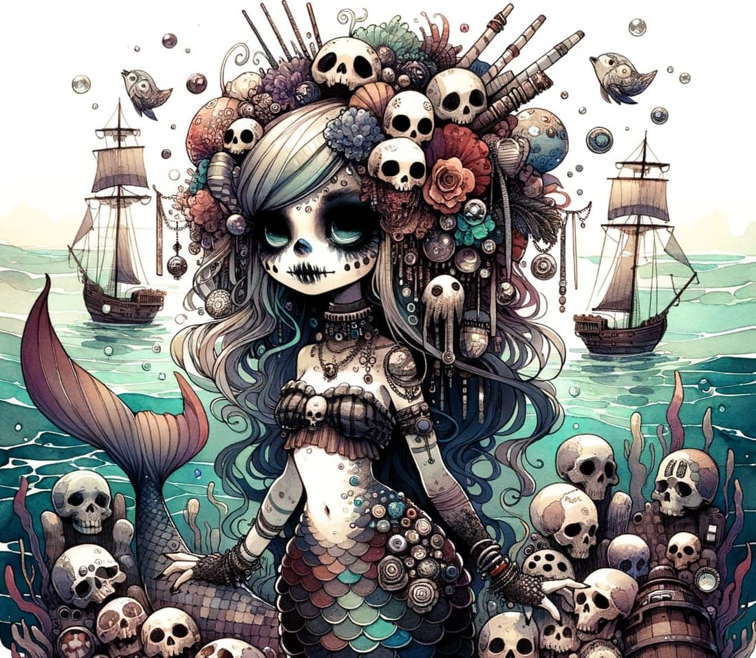 Watercolor Mermaid Portrait with Skulls and Dark Hues