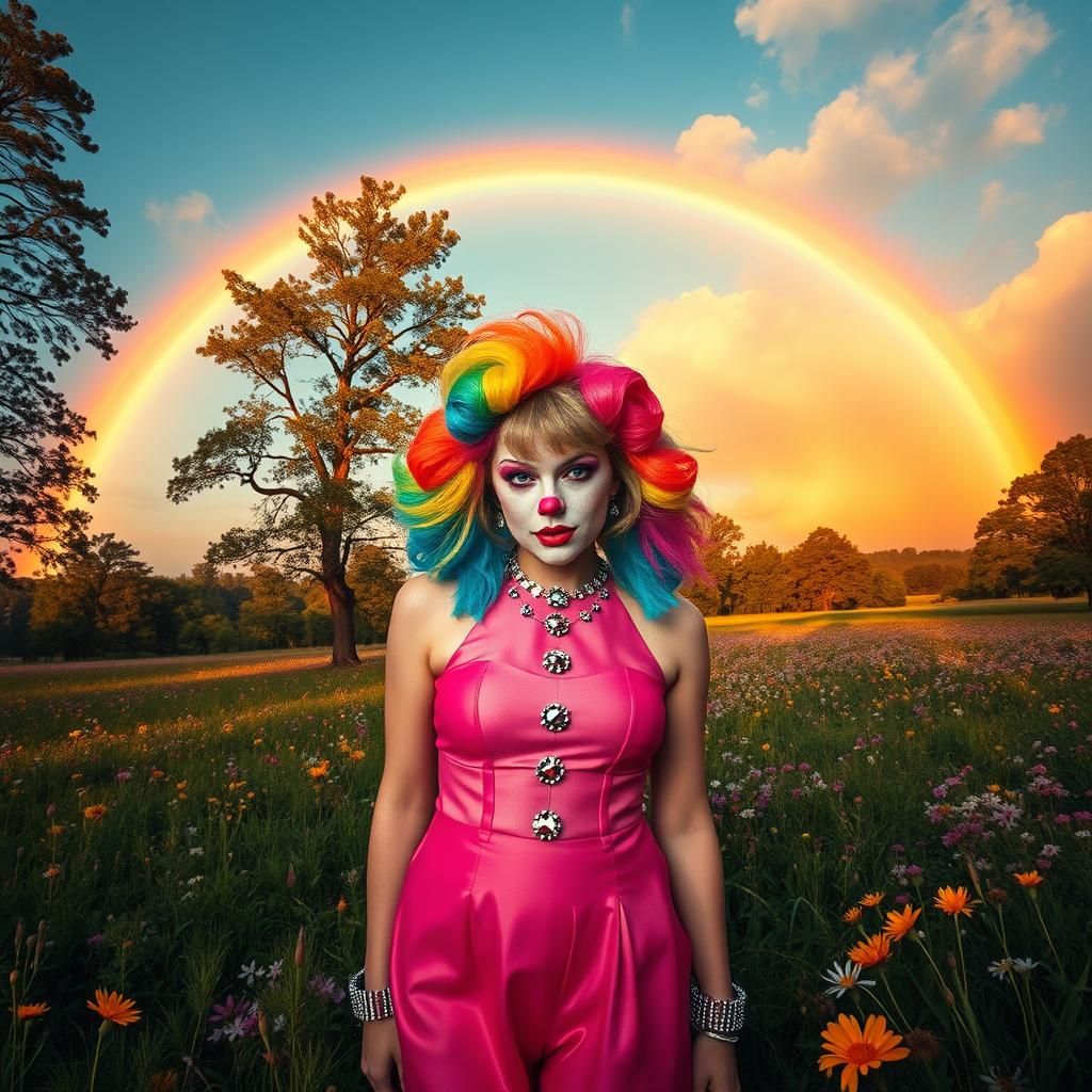 Rainbow Clown in Dreamlike Meadow, Hyper-Realistic Photo