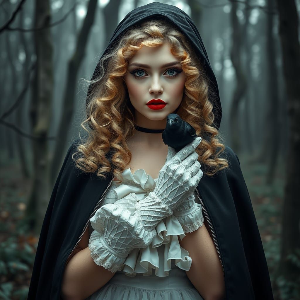 Mystical Woman with Blackbird in Dark Romanticism Style