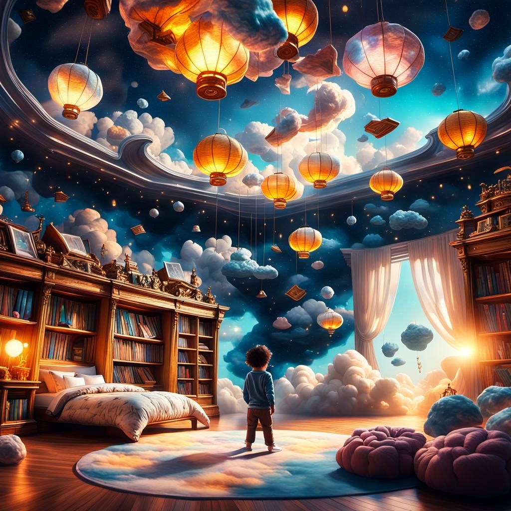 Dream Room with Floating Books in Surreal Style