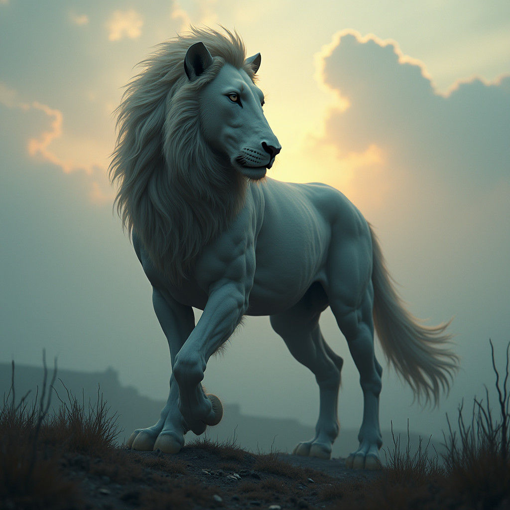 Hyperrealistic Lion-Horse Hybrid in Matte Painting Style