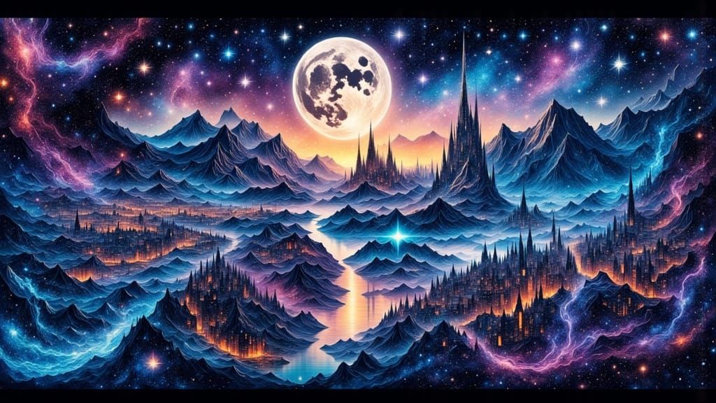 Ethereal Double Exposure: Glowing Violin Amidst Starry Citys...