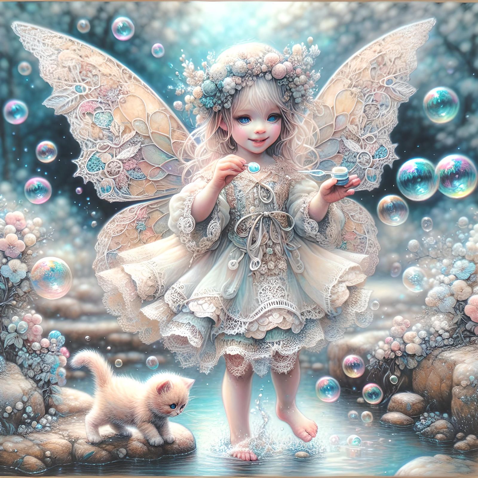 Fantasy Child with Kitten Blowing Bubbles