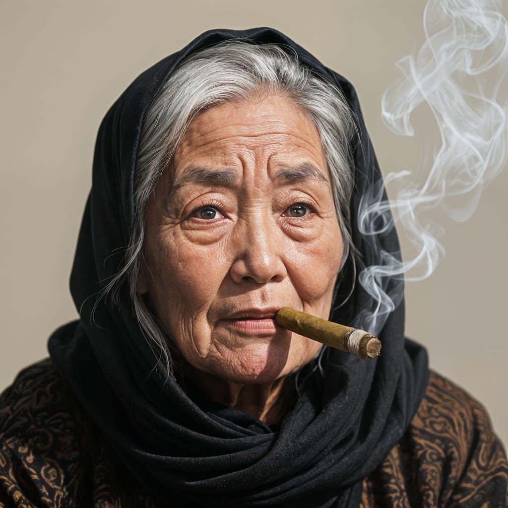 Old Chinese Woman Smoking Cigar Portrait
