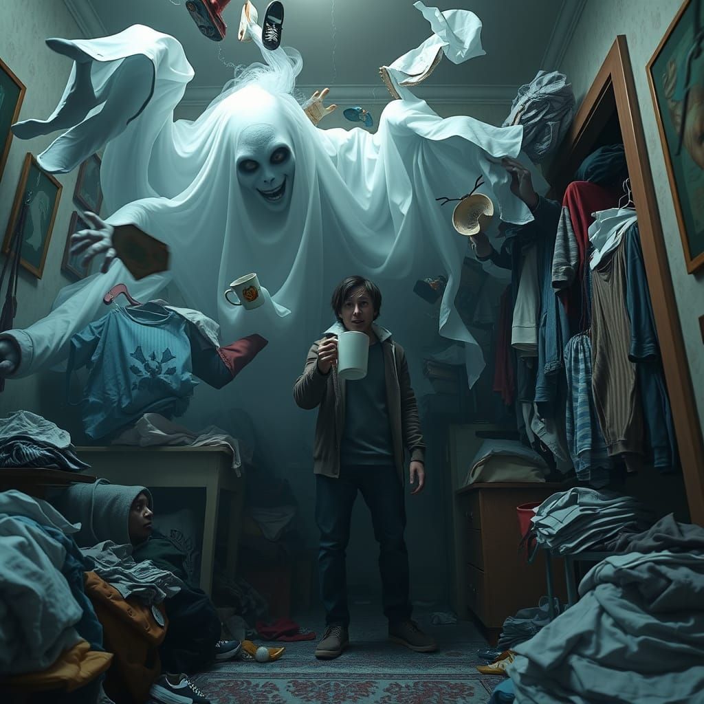 Ghostly Chaos: Laundry Swirls, Coffee Spills in Spooky Apart...
