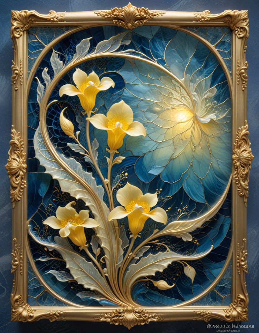 Victorian Stained Glass Window with Gold Frame