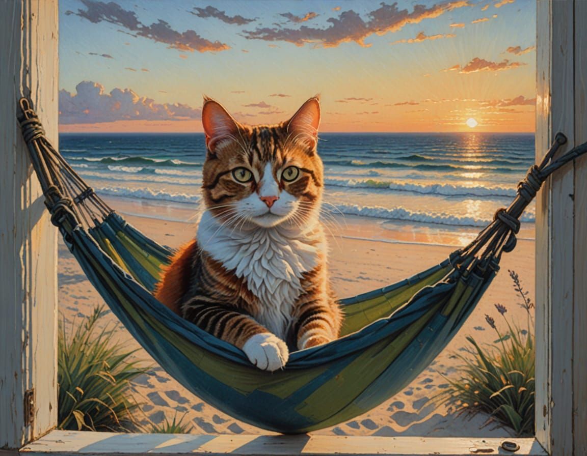 Cat in Hammock at Sunset: Oil Painting