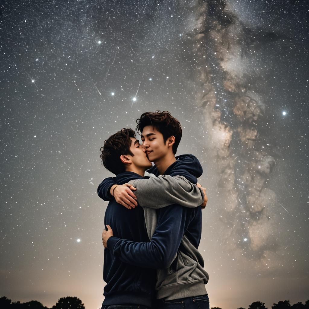 background of a starry nught foreground of tw 20 year old men embracing each other (made for DC but not submitted)