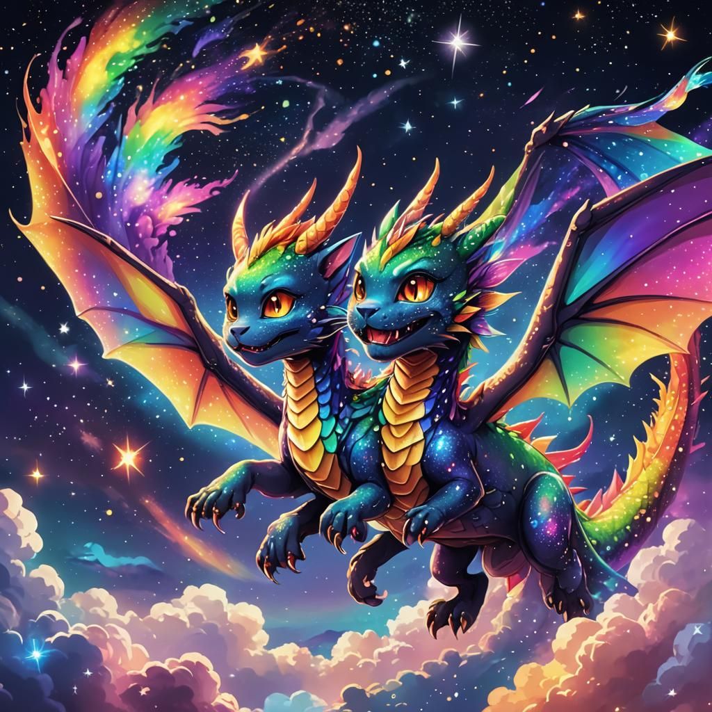 Rainbow Cat Dragon Flies Through Nebula in Anime Style