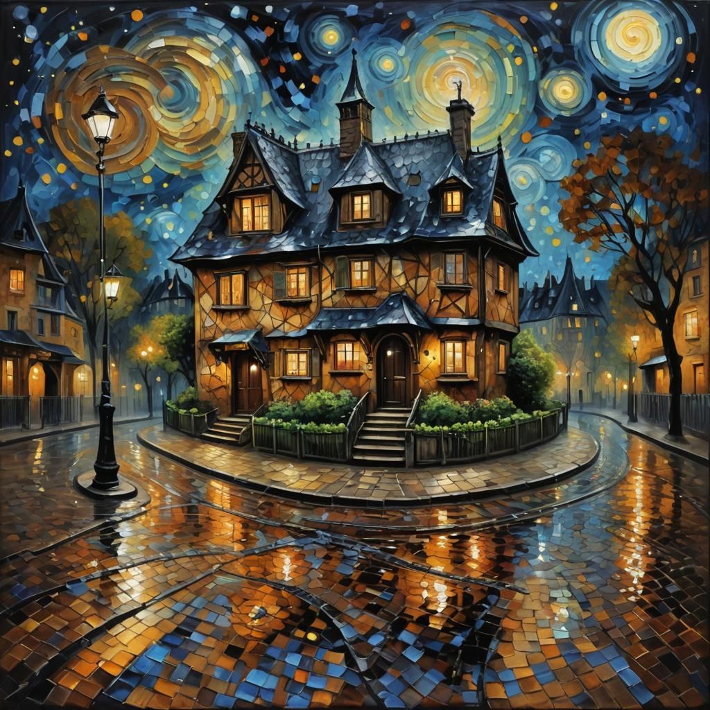Parisian Wizard Cottage under Starry Sky: Impasto Painting