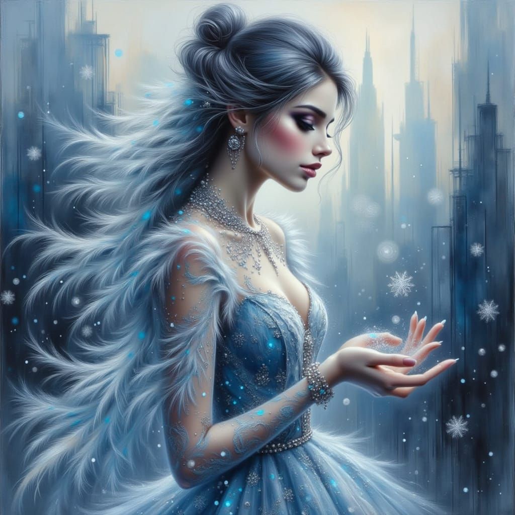 Woman with Snowflake in Shimmering Watercolour Acrylic Style