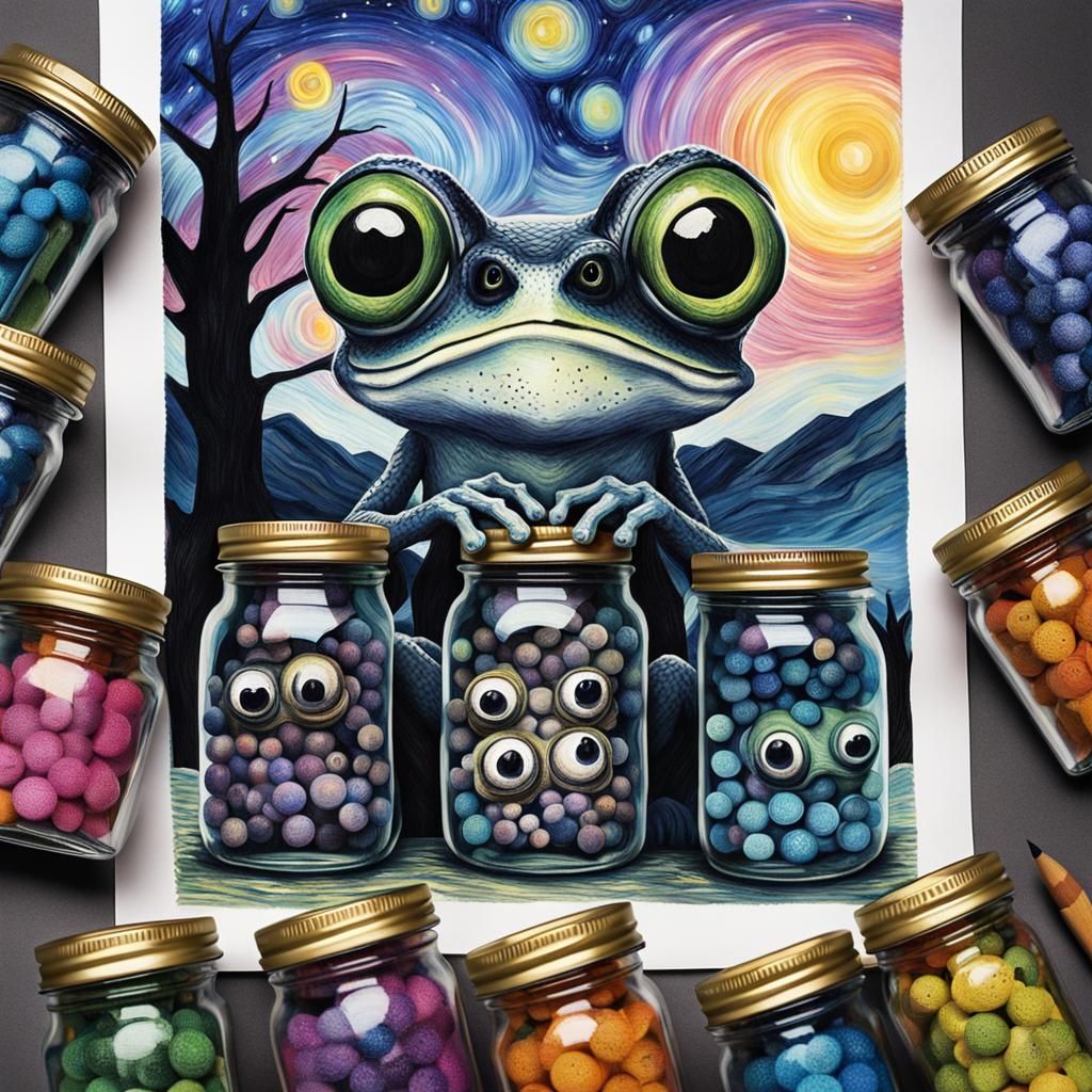 Gothic Googly-Eyed Frog with Jars, Crayon Style